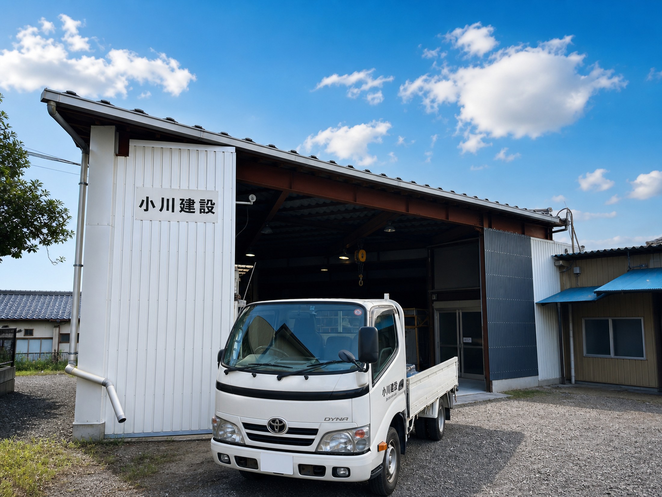 小川建設株式会社の社屋と作業車